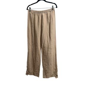 Soft Surroundings Linen Blend Wide Leg Pants Beige Cropped Embroidered Hem Small